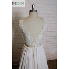 Ivory Lace Chiffon A-line Wedding Dress V-Neck Floor -Length Chapel Train Cap Sleeves  Real/Original Photos Custom made