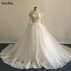 Real Image Elegant Off the Shoulder Appliqued Lace Half Sleeve Puffy Ball Gown Wedding Dresses
