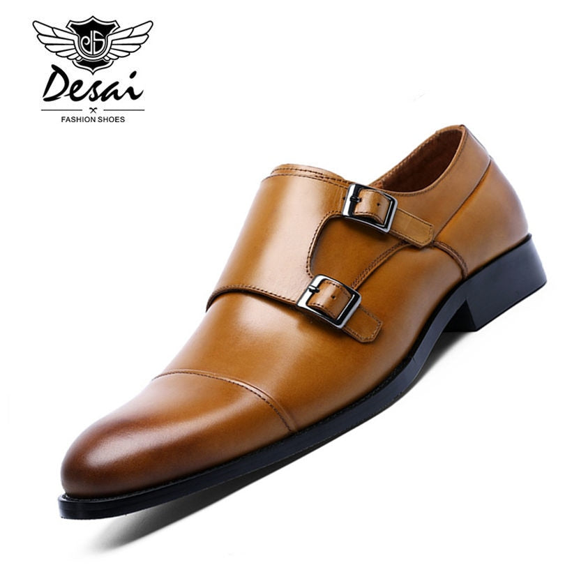 DESAI Brand Genuine Leather Double Buckles Men's Dress Shoes Formal Men Monk Shoes Oxford Shoes For Men Wedding Dress