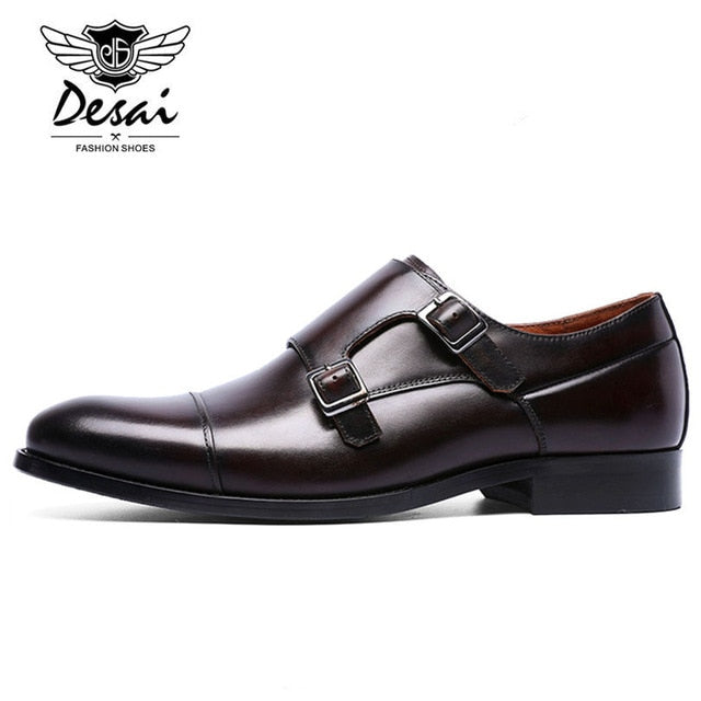 DESAI Brand Genuine Leather Double Buckles Men's Dress Shoes Formal Men Monk Shoes Oxford Shoes For Men Wedding Dress