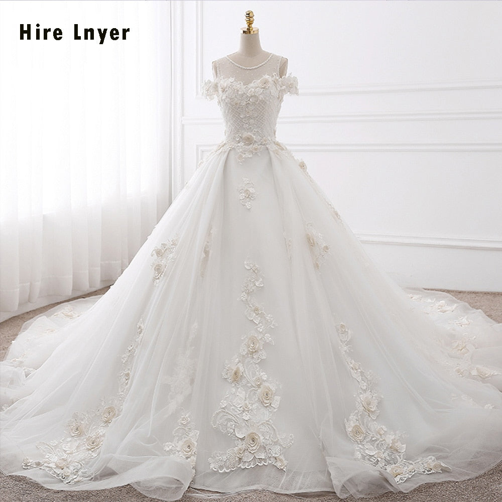 HIRE LNYER Custom Made Short Sleeve Open Back Beading Crystal Flowers Princess Ball Gown Wedding Dresses With Petticoat 2019