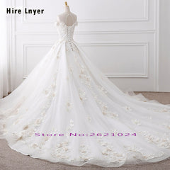 HIRE LNYER Custom Made Short Sleeve Open Back Beading Crystal Flowers Princess Ball Gown Wedding Dresses With Petticoat 2019