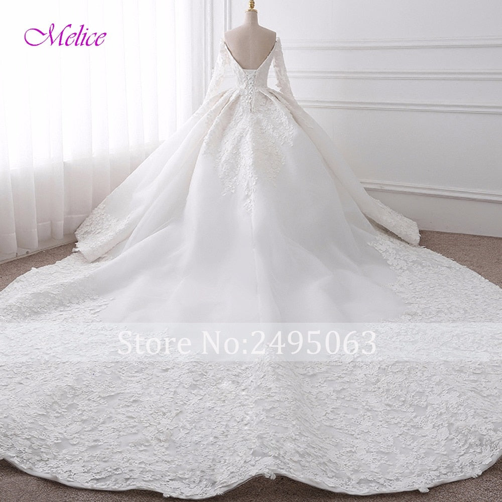 Glamorous Appliques Chapel Train Ball Gown Wedding Dress 2019 Fashion Sweetheart Neck Long Sleeve Bridal Dress Vestido de Noiva