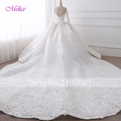Glamorous Appliques Chapel Train Ball Gown Wedding Dress 2019 Fashion Sweetheart Neck Long Sleeve Bridal Dress Vestido de Noiva