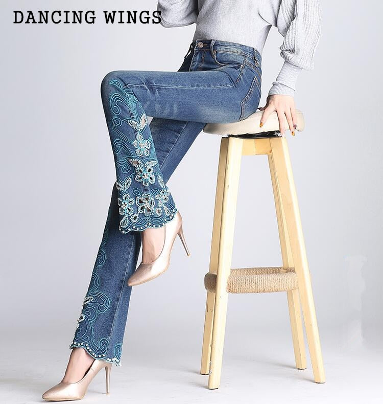 High waist ethnic embroidered bell-bottoms hand-beaded micro-pull jeans plus size female embroidery trousers