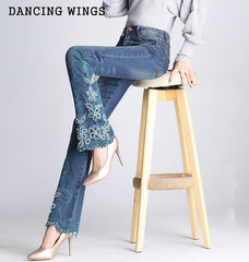 High waist ethnic embroidered bell-bottoms hand-beaded micro-pull jeans plus size female embroidery trousers