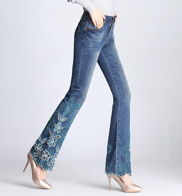 High waist ethnic embroidered bell-bottoms hand-beaded micro-pull jeans plus size female embroidery trousers