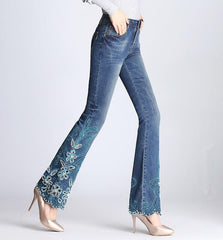 High waist ethnic embroidered bell-bottoms hand-beaded micro-pull jeans plus size female embroidery trousers