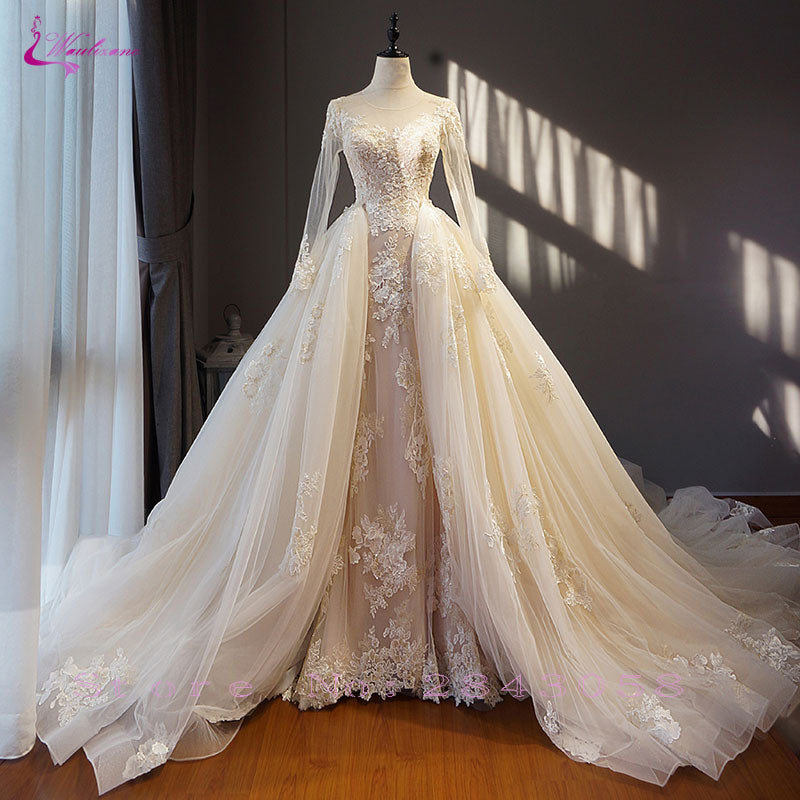 Waulizane Chic Organza Bridal Gowns Exquisite Embroidery Appliques O-Neck 2 In 1 Detachable Train Wedding Dress Customize Made