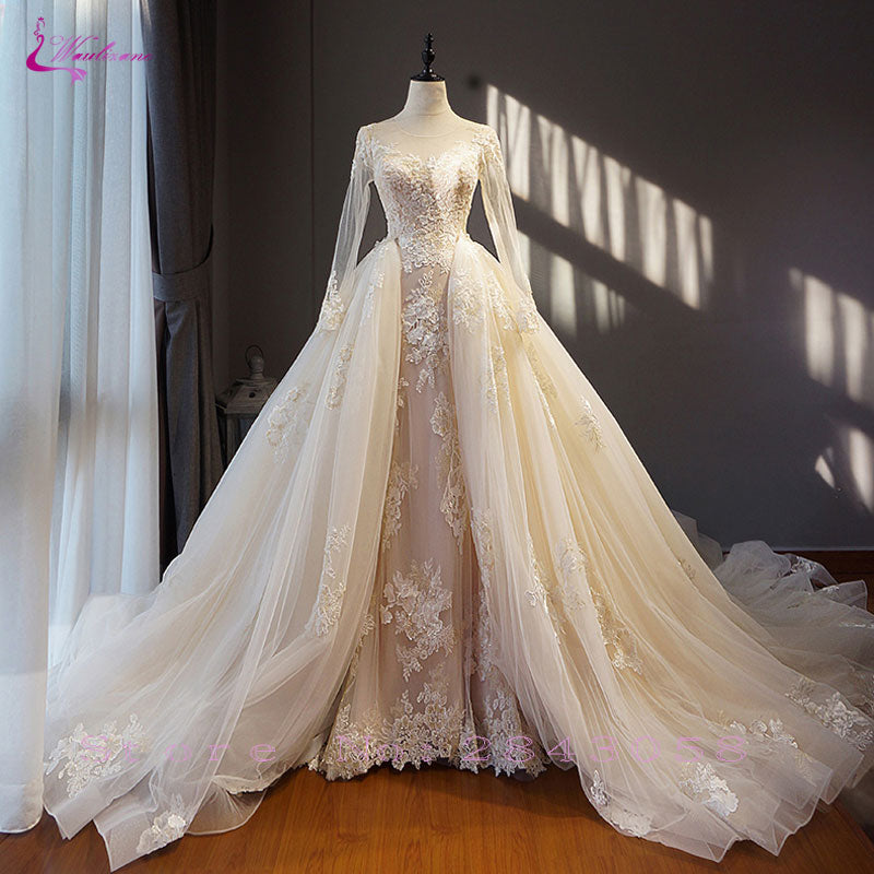 Waulizane Chic Organza Bridal Gowns Exquisite Embroidery Appliques O-Neck 2 In 1 Detachable Train Wedding Dress Customize Made
