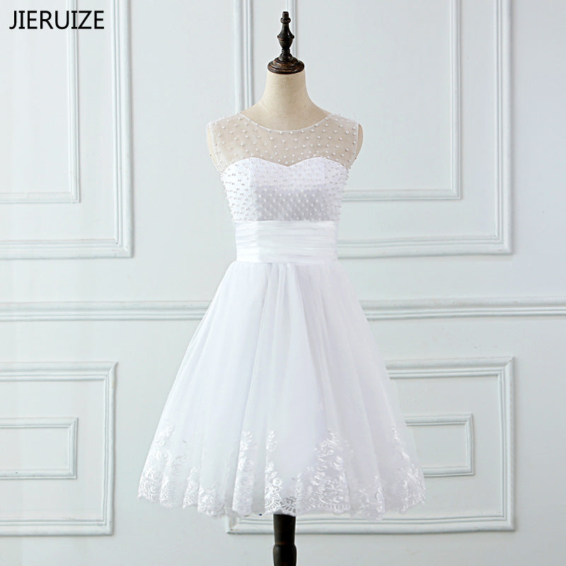 JIERUIZE vestidos de novia Lace Appliques Pearls Short Wedding Dresses Lace Up Back Cheap Wedding Gowns robe de mariee
