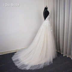V Neck Beach Wedding Dress Real Price Lace Appliqued Illusion Bare Back Bridal Gown 2019 New