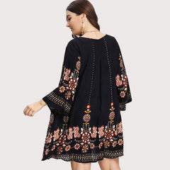 SHEIN Black Plus Size Floral Embroidery Tunic Dress Spring Summer Elegant Large Sizes Tribal Flower Print Vocation Dress
