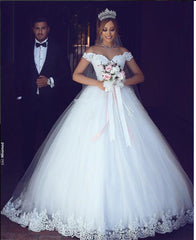 JIERUIZE White Lace Appliques Ball Gown Cheap Wedding Dresses Off The Shoulder Short Sleeves Bridal Dresses Wedding Gowns