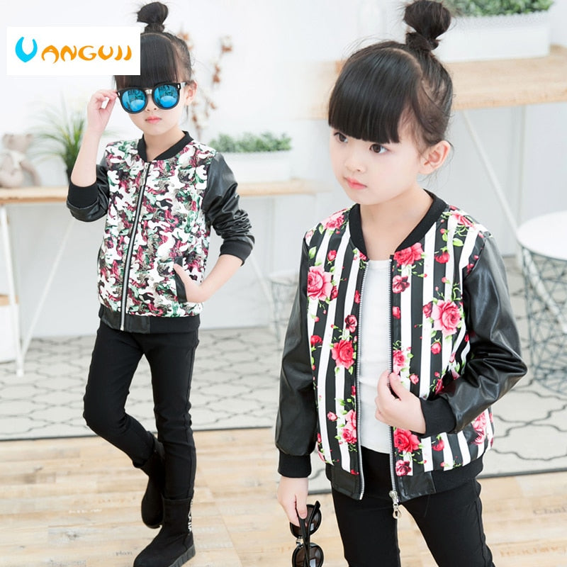 girls leather coat children's fashion pu jacket 3-9 years old girl round neck print flowers camouflage artificial kids outwear