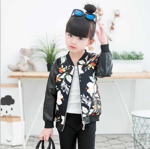 girls leather coat children's fashion pu jacket 3-9 years old girl round neck print flowers camouflage artificial kids outwear