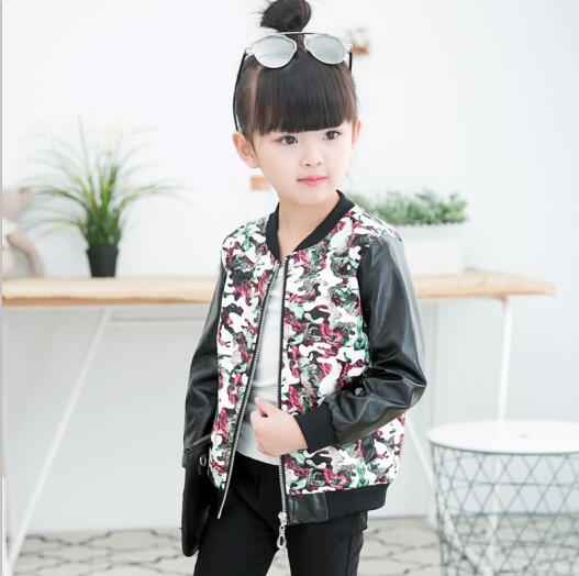girls leather coat children's fashion pu jacket 3-9 years old girl round neck print flowers camouflage artificial kids outwear