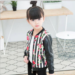 girls leather coat children's fashion pu jacket 3-9 years old girl round neck print flowers camouflage artificial kids outwear