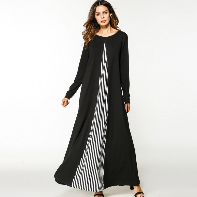 2018 Women Muslim Dress O Neck Long Sleeve Plus Size XXL Patchwork Striped Abaya Hijab Dress Black Robe Musulmane Abaya Dubai