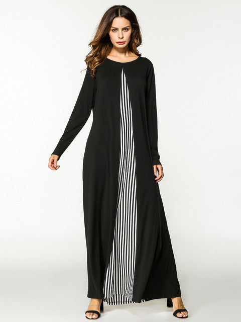 2018 Women Muslim Dress O Neck Long Sleeve Plus Size XXL Patchwork Striped Abaya Hijab Dress Black Robe Musulmane Abaya Dubai