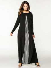 2018 Women Muslim Dress O Neck Long Sleeve Plus Size XXL Patchwork Striped Abaya Hijab Dress Black Robe Musulmane Abaya Dubai