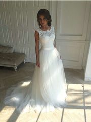 Solovedress A Line Lace Beach Wedding Dress 2019 Scoop Neck White Bridal Gown Tulle Skirt Chapel Train vestido de noiva SLD-228