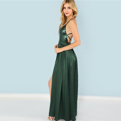 COLROVIE Green Sequin Split V-Neck Summer Dress New High Waist Backless Maxi Dress Sexy Satin Women Evening Party Dress