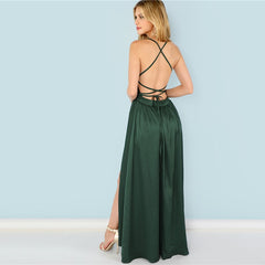 COLROVIE Green Sequin Split V-Neck Summer Dress New High Waist Backless Maxi Dress Sexy Satin Women Evening Party Dress