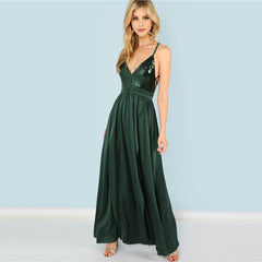 COLROVIE Green Sequin Split V-Neck Summer Dress New High Waist Backless Maxi Dress Sexy Satin Women Evening Party Dress