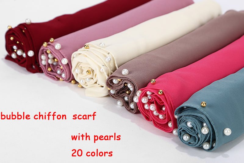 1pc Golded Beaded pearl scarf Big Solider Color quality bubble chiffon scarf plain shawls hijab muslim scarf 20 color 180*75cm
