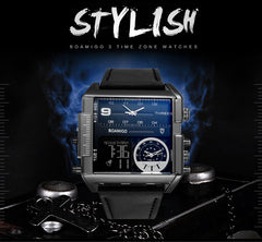 BOAMIGO brand men sports watches 3 time zone big man fashion watch leather quartz wristwatches relogio masculino montre homme