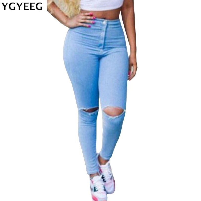 YGYEEG Hot Sale Push Up Jeans Woman Pencil Pants Vintage High Waist Jeans Women Casual Stretch Skinny Jeans Femme Holes Sky blue