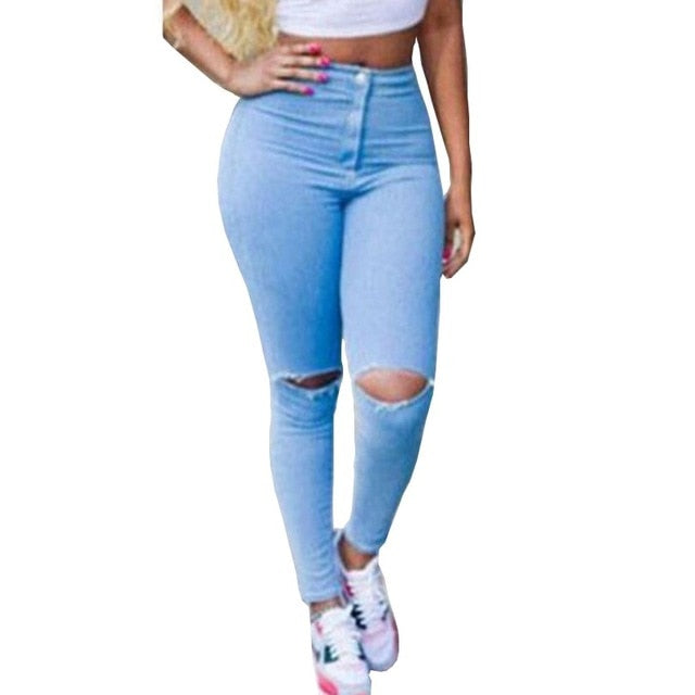 YGYEEG Hot Sale Push Up Jeans Woman Pencil Pants Vintage High Waist Jeans Women Casual Stretch Skinny Jeans Femme Holes Sky blue
