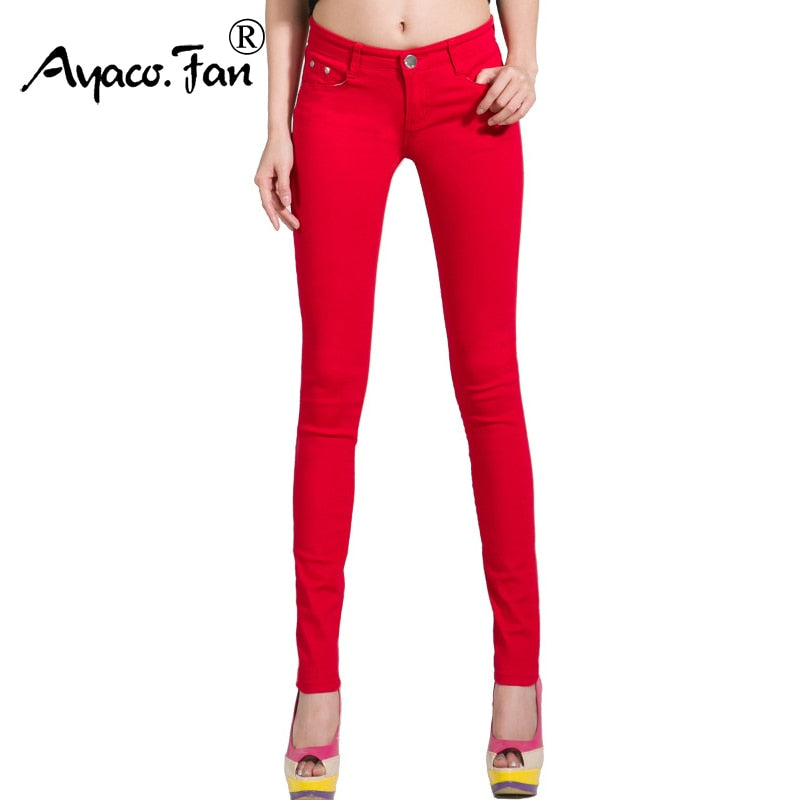 2018 Women's Jeans Candy Pants Pencil Jeans Ladies Elastic Slim Trousers Mid Waist Full Length Zipper Stretch Skinny Women Pants