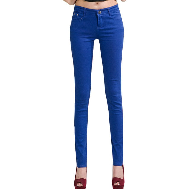 2018 Women's Jeans Candy Pants Pencil Jeans Ladies Elastic Slim Trousers Mid Waist Full Length Zipper Stretch Skinny Women Pants
