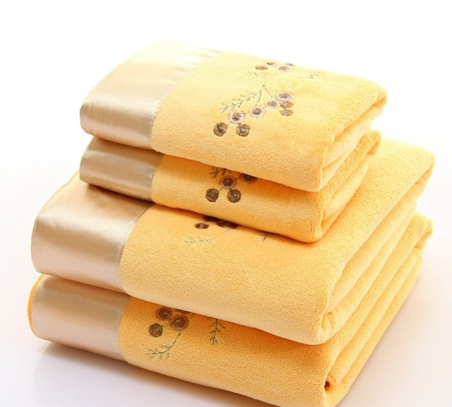 2pcs/set Microfiber Elegant Embroidered Towel Sets Solid 1pc Face Towel and 1pc Bath Towel Quick Dry Towels Bathroom for Adult