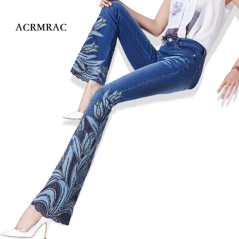 ACRMRAC woman embroidery Beads micro folk-custom Lace edge High waist Elasticity Slim Flare Pants jeans Women