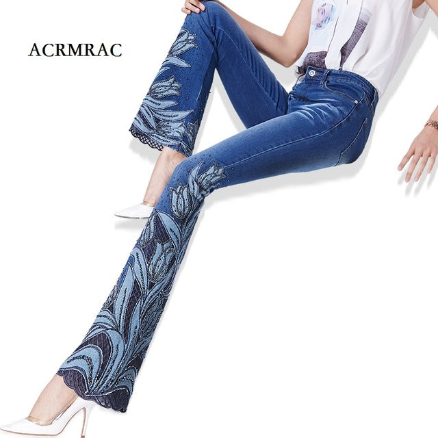 ACRMRAC woman embroidery Beads micro folk-custom Lace edge High waist Elasticity Slim Flare Pants jeans Women