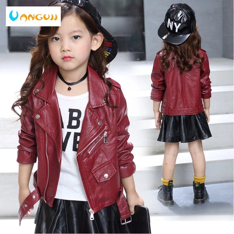 children's pu jacket Girls motorcycle jacket kid outwear solid color Zipper belt Faux Leather spring Autumn fashion pu jacket