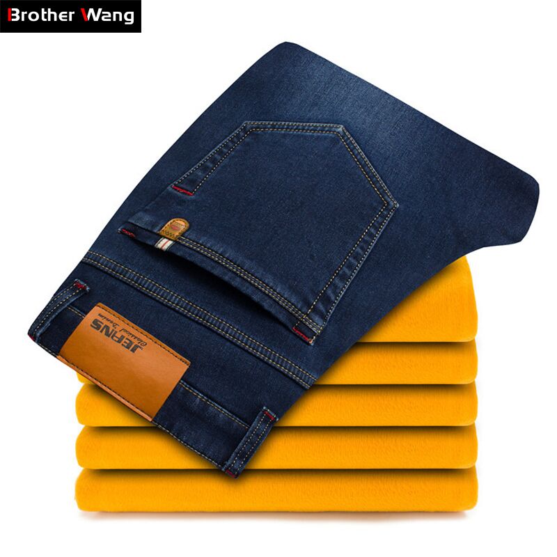2018 Winter New Men's Warm Jeans Business Casual Elasticity Thick Slim Denim Pants Brand Trousers Black Plus Size 40 42 44 46