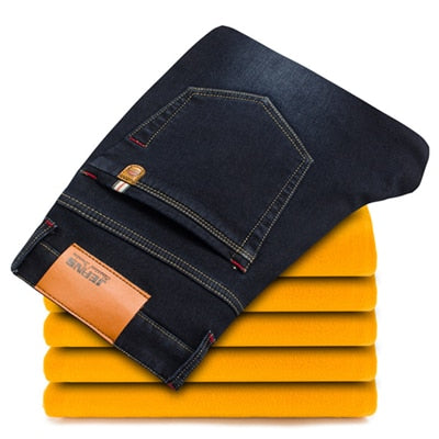 2018 Winter New Men's Warm Jeans Business Casual Elasticity Thick Slim Denim Pants Brand Trousers Black Plus Size 40 42 44 46