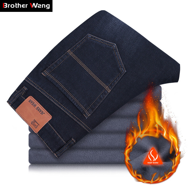 2018 New Winter Warm Plus Size Jeans Men Business Casual Denim Elastic Trousers Fleece Thick Straight Black Pants Male Brand