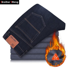 2018 New Winter Warm Plus Size Jeans Men Business Casual Denim Elastic Trousers Fleece Thick Straight Black Pants Male Brand