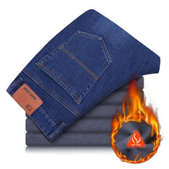 2018 New Winter Warm Plus Size Jeans Men Business Casual Denim Elastic Trousers Fleece Thick Straight Black Pants Male Brand