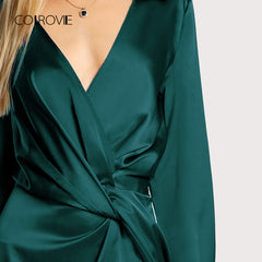 COLROVIE Green Deep V Neck Twist Sexy Dress Women 2018 Autumn Long Sleeve Slim Party Dress Girl Elegant Evening Maxi Dresses
