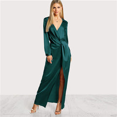 COLROVIE Green Deep V Neck Twist Sexy Dress Women 2018 Autumn Long Sleeve Slim Party Dress Girl Elegant Evening Maxi Dresses