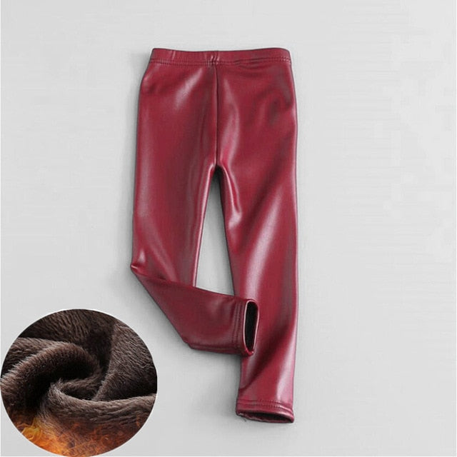 2018 Baby Girls Leggings Winter Kids Thick Velvet Leggings Pencil Pants Children Warm Trousers Faux PU Leather Legging Slim Pant