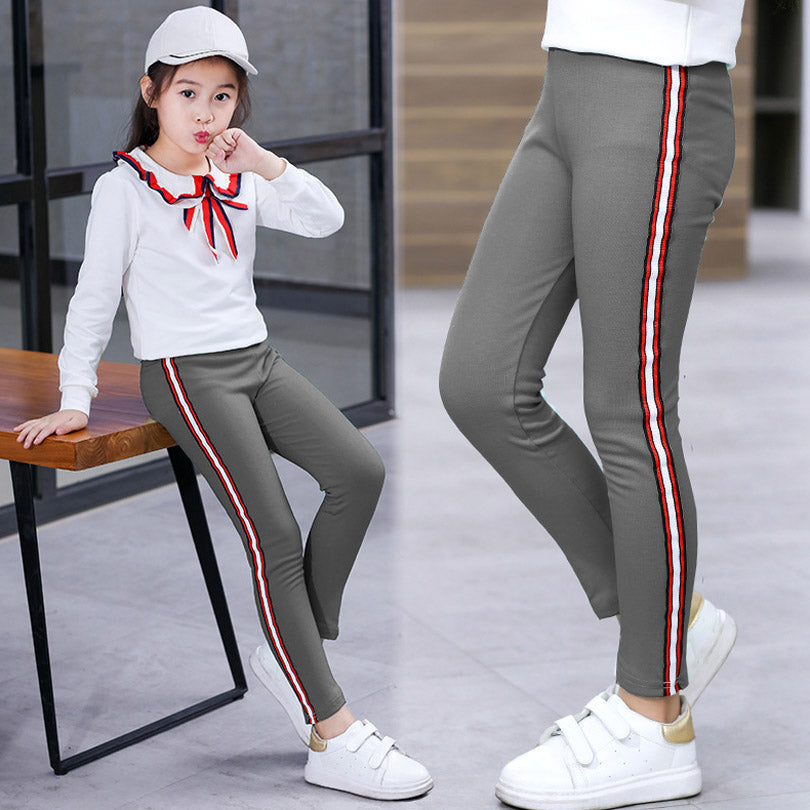 Spring Autumn Kids Girls Leggings Side Striped Elasticity Children Pants Cotton Skinny Trousers for Girls School Sport Leggings