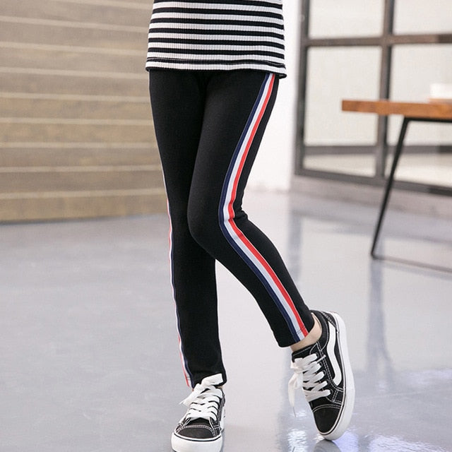 Spring Autumn Kids Girls Leggings Side Striped Elasticity Children Pants Cotton Skinny Trousers for Girls School Sport Leggings