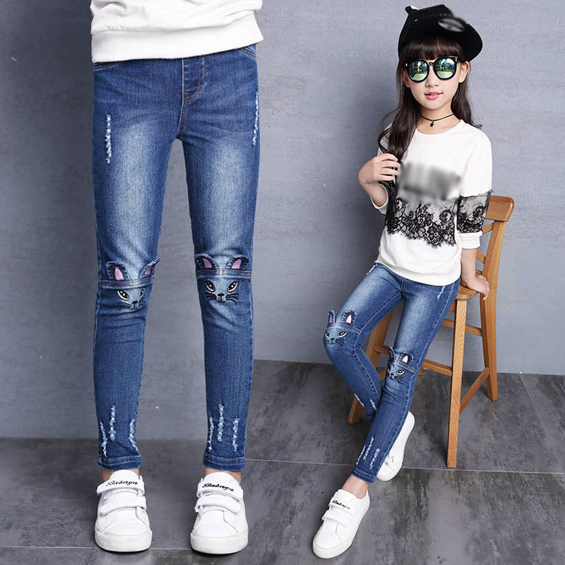 Girls Jeans Hole Lovely Cat Kids Pants Casual Slim Thick Velvet Trousers Children Clothes Brand 2-15 Year Plus Size Denim Pants